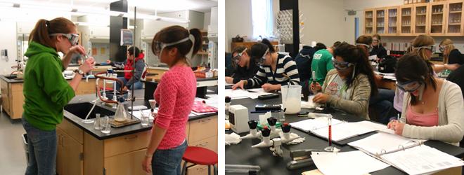 Chemistry students working on lab reports and experiments.