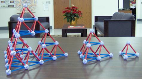 Stage-0, stage-1, and stage-2 Sierpinski tetrahedra made from Zometool.
