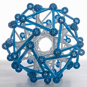 The compound of 12 triangular prisms using blue connector balls and Y3 struts in white